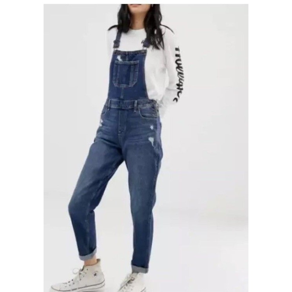 Hollister Overalls Blue Denim‎ Jeans Distressed Boyfriend High Rise Crop Sz Sm
